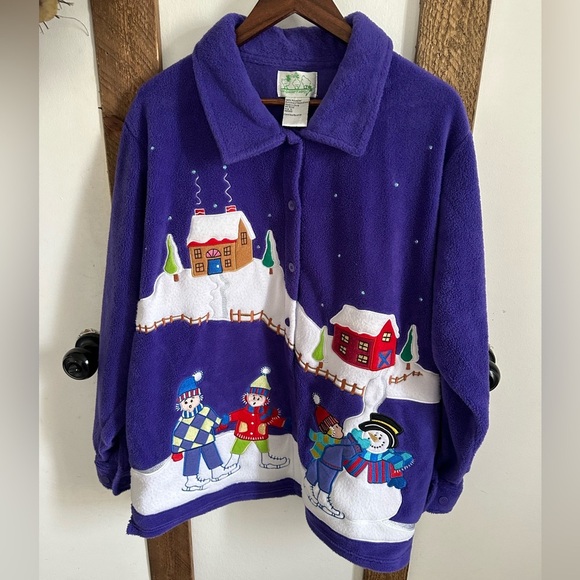 Quacker Factory Christmas Sweater Jacket XL Purple Cardigan Snowman Button Down - Picture 2 of 16